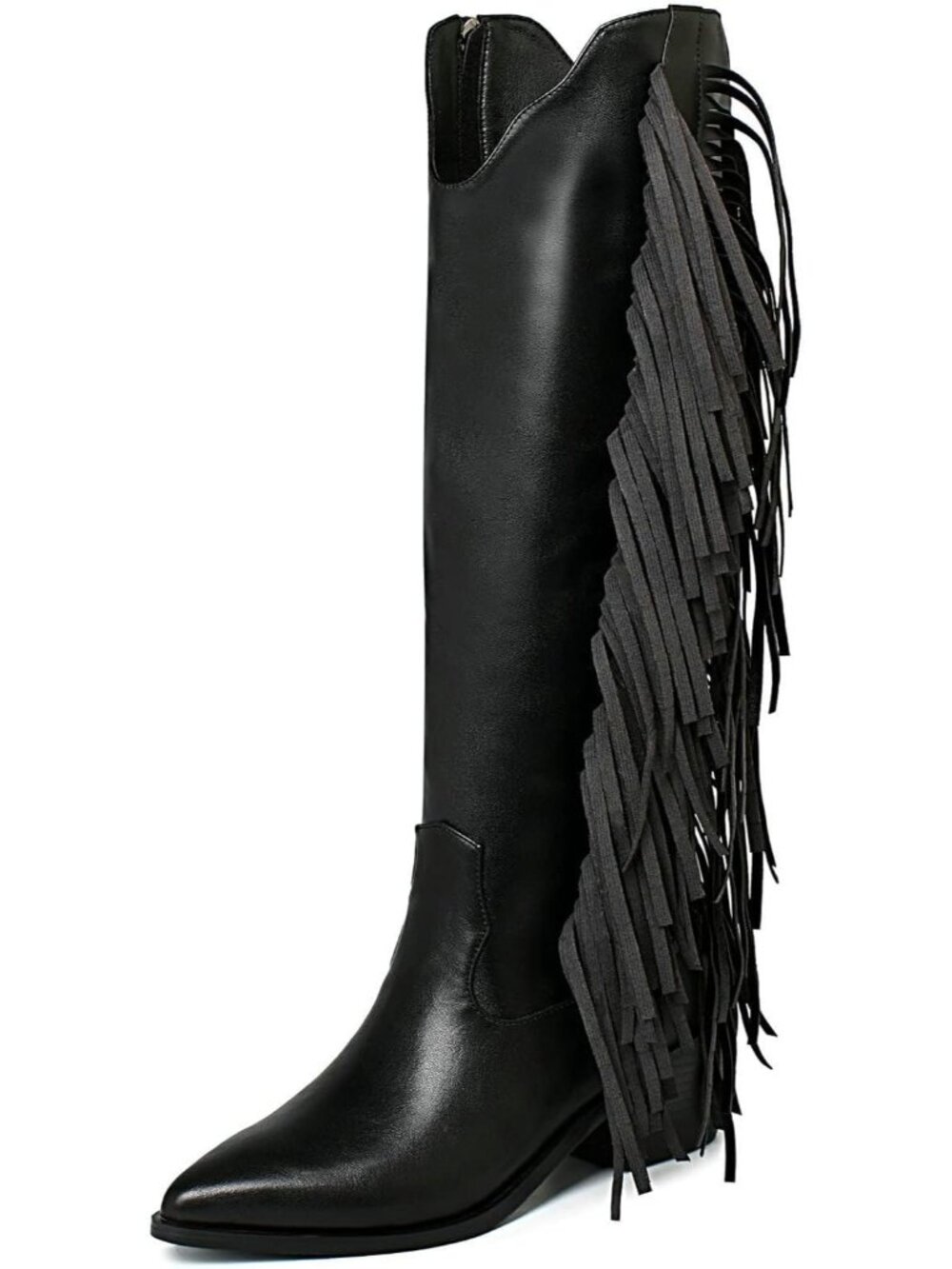 Women's Black Cowgirl Fringe Boots White Tassels Knee High Pointed Toe Boots